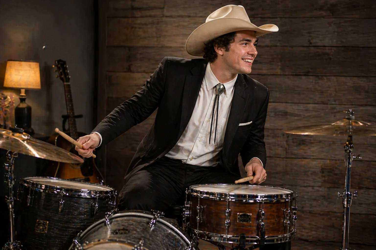 Young drummer in a cowboy hat and bolo tie playing drums in a warm rustic studio for country and classical drum training