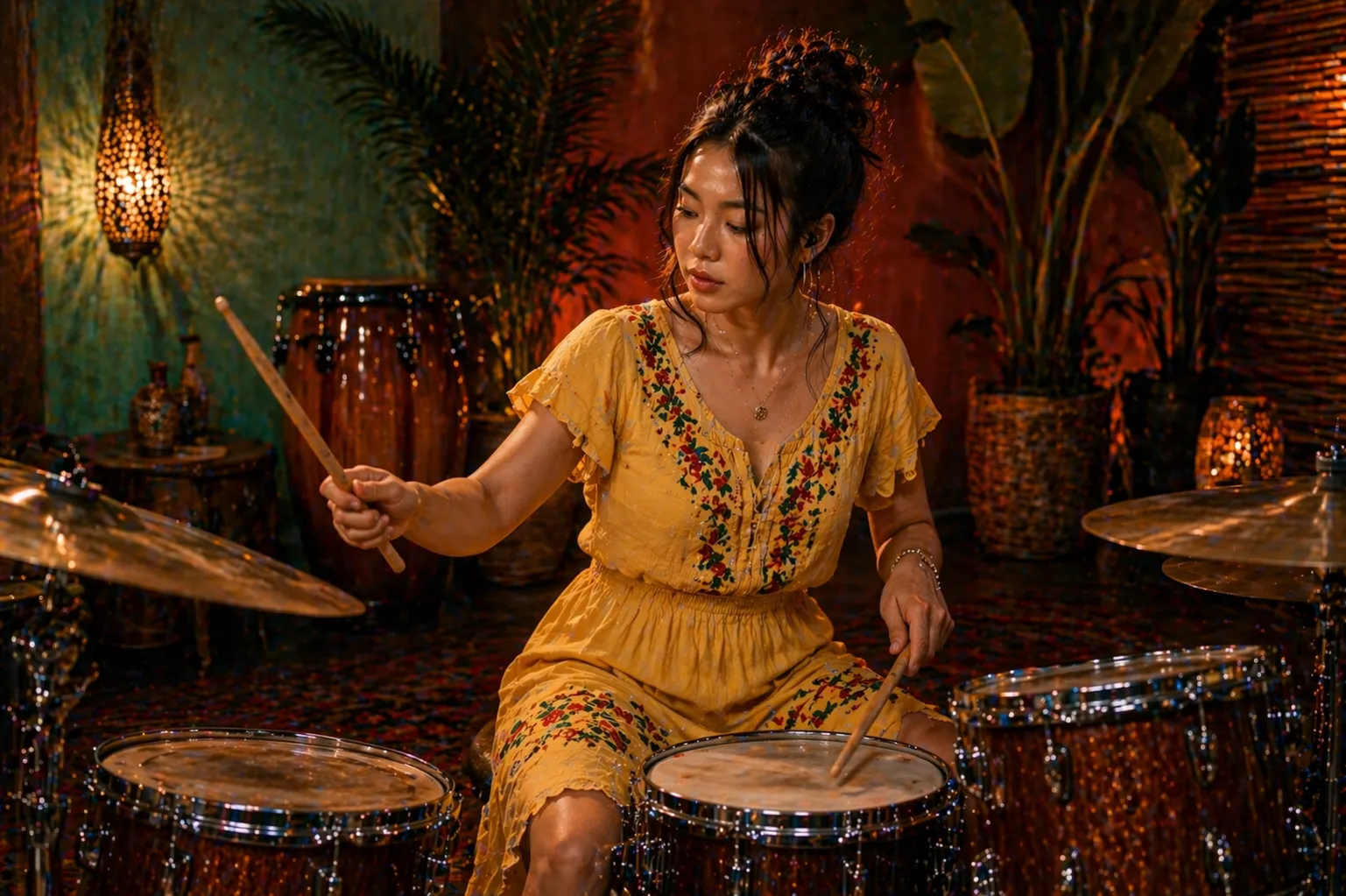 Student playing drums in a warm studio setting representing jazz, Latin, and reggae rhythm training