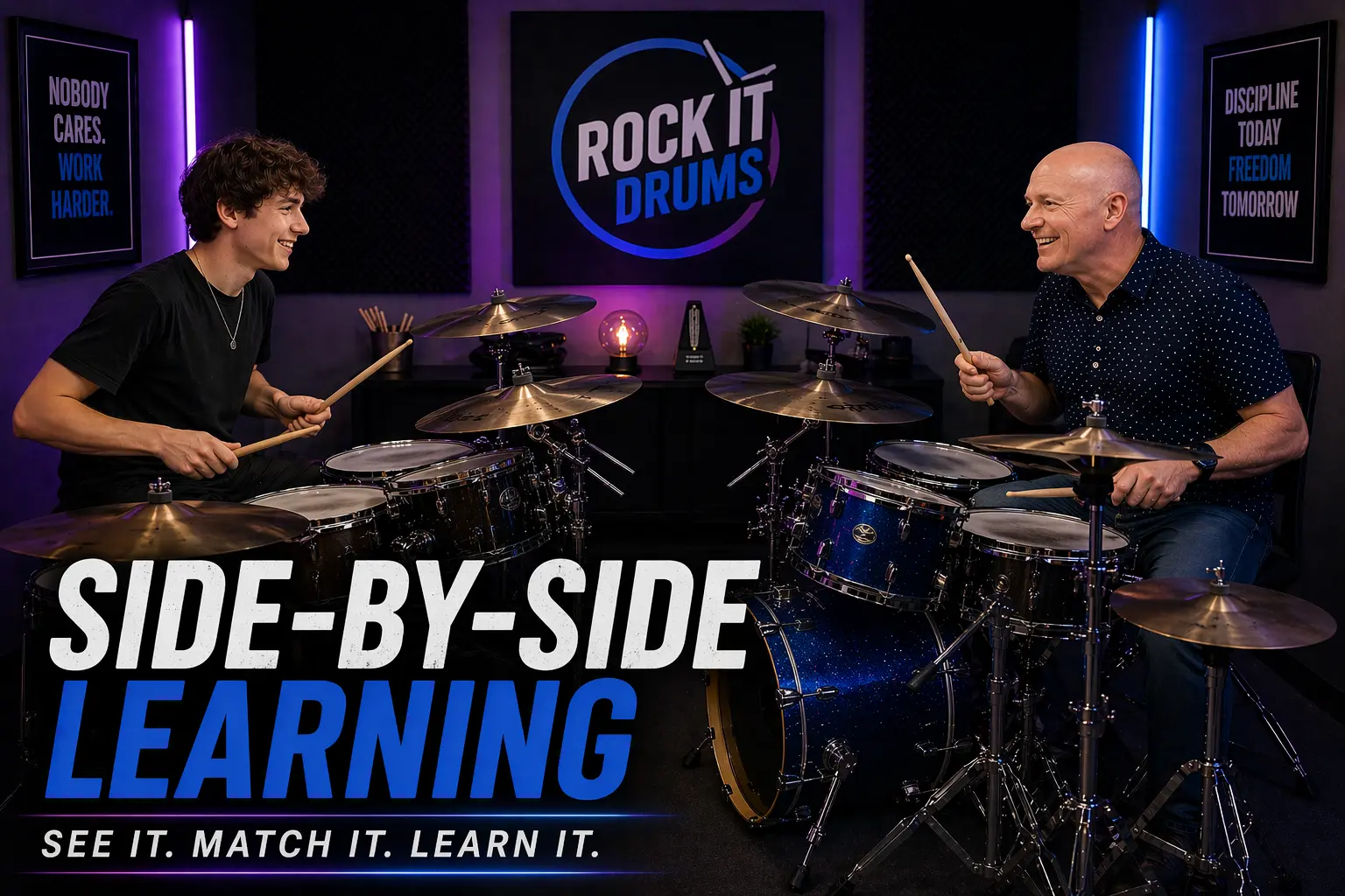 Drum instructor and student playing side by side on two full drum sets during a live lesson in a purple and blue lit studio